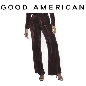 Good American Burgundy Crinkle Velvet Wide Leg Pants Tall Friendly XS Glam